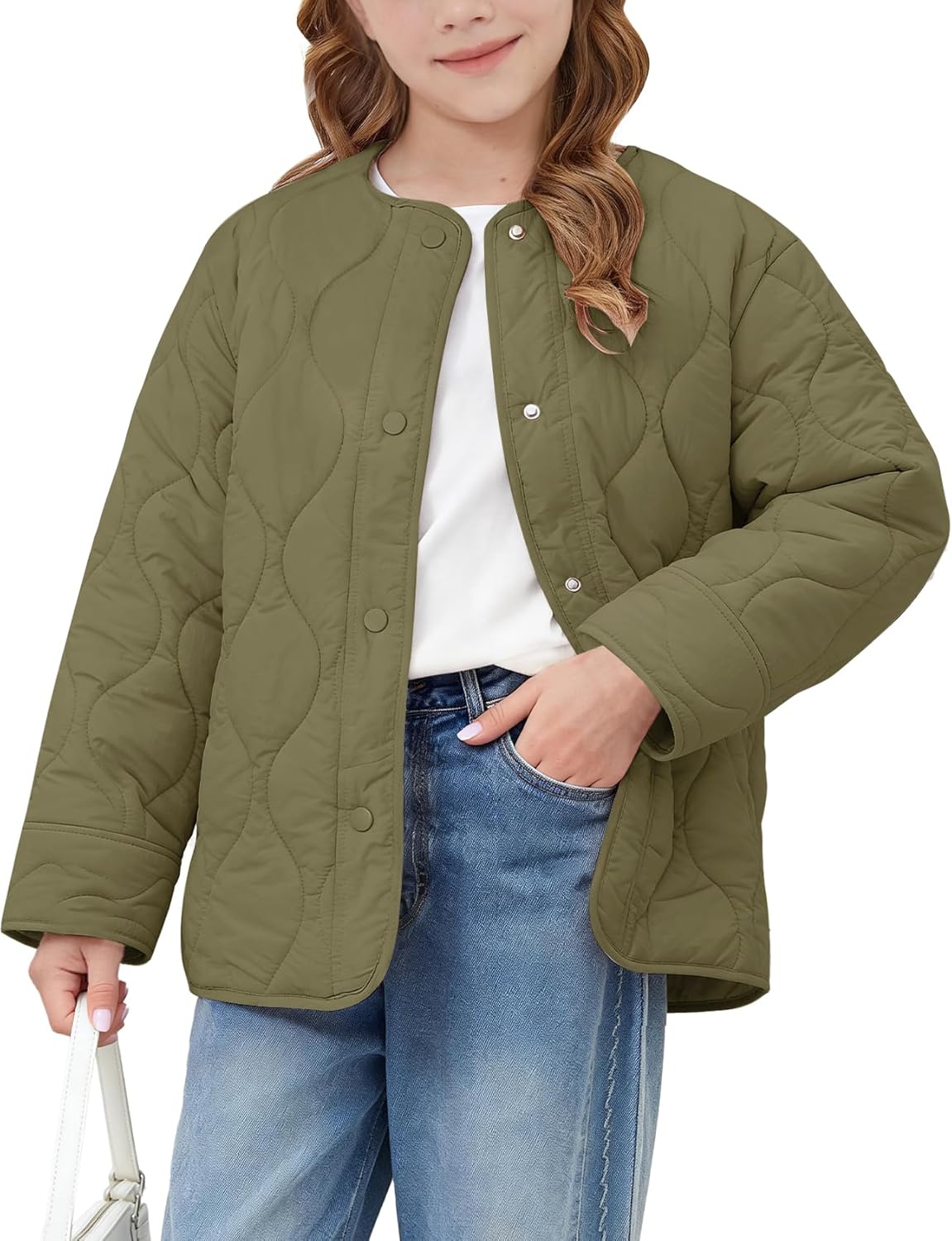 Flygo Girls Lightweight Quilted Jackets Warm Snap Button Puffer Coat Kids Trendy Padded Outerwear with Pockets