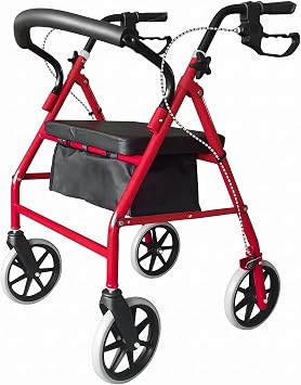 Lightweight Folding Mobility Aids, Mobility Walker Rollator 4 Wheel with Padded Seat, Lockable Brakes and Bag, Walking Frame for the Elderly or Disabled Red