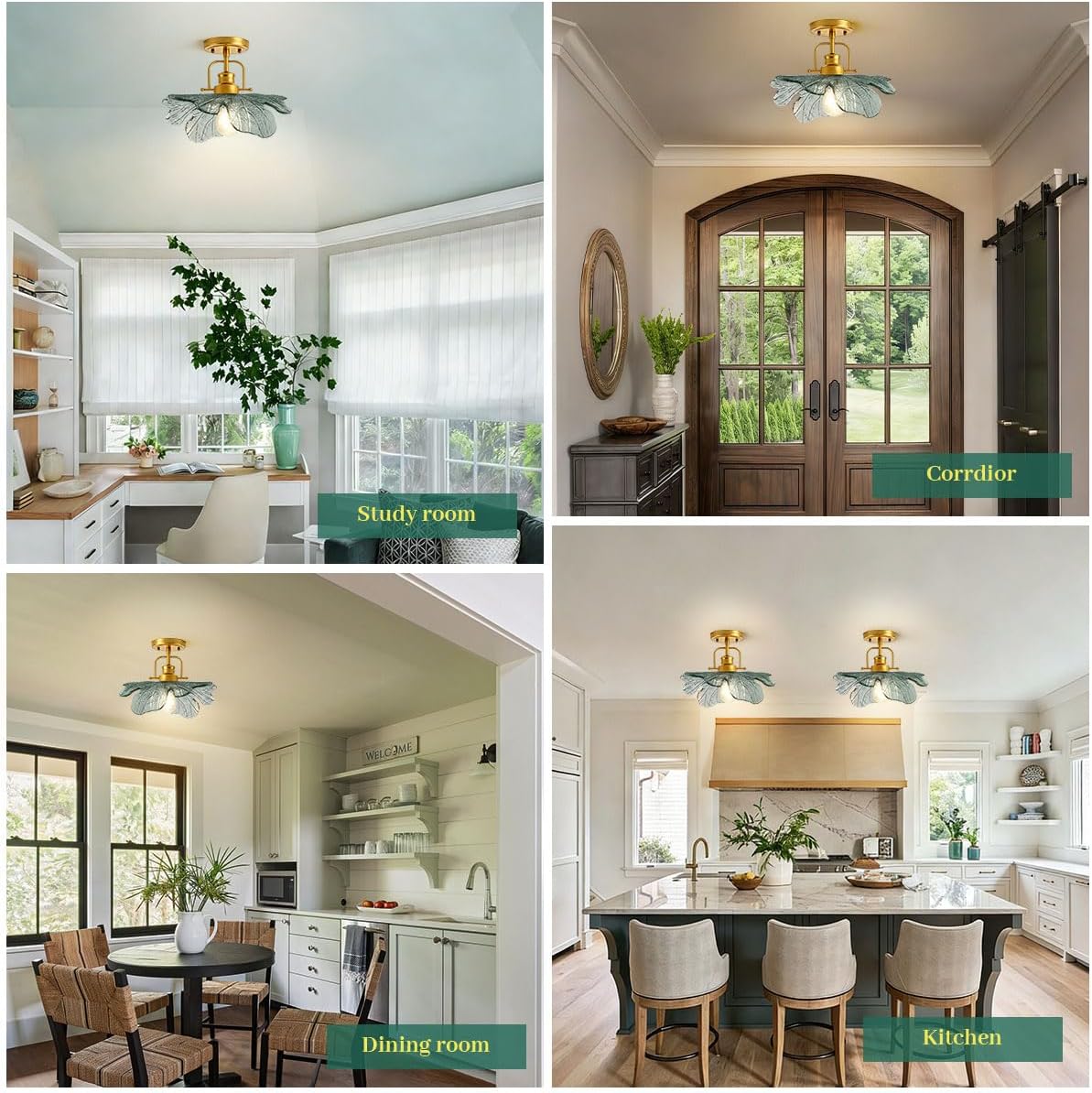 Mid Century Modern Gold Flush Mount Ceiling Light Dark Green Close to Ceiling Light Fixture Entryway Overhead Light Vintage Glass Ceiling lamp for Kitchen Dining Room Porch Corridor