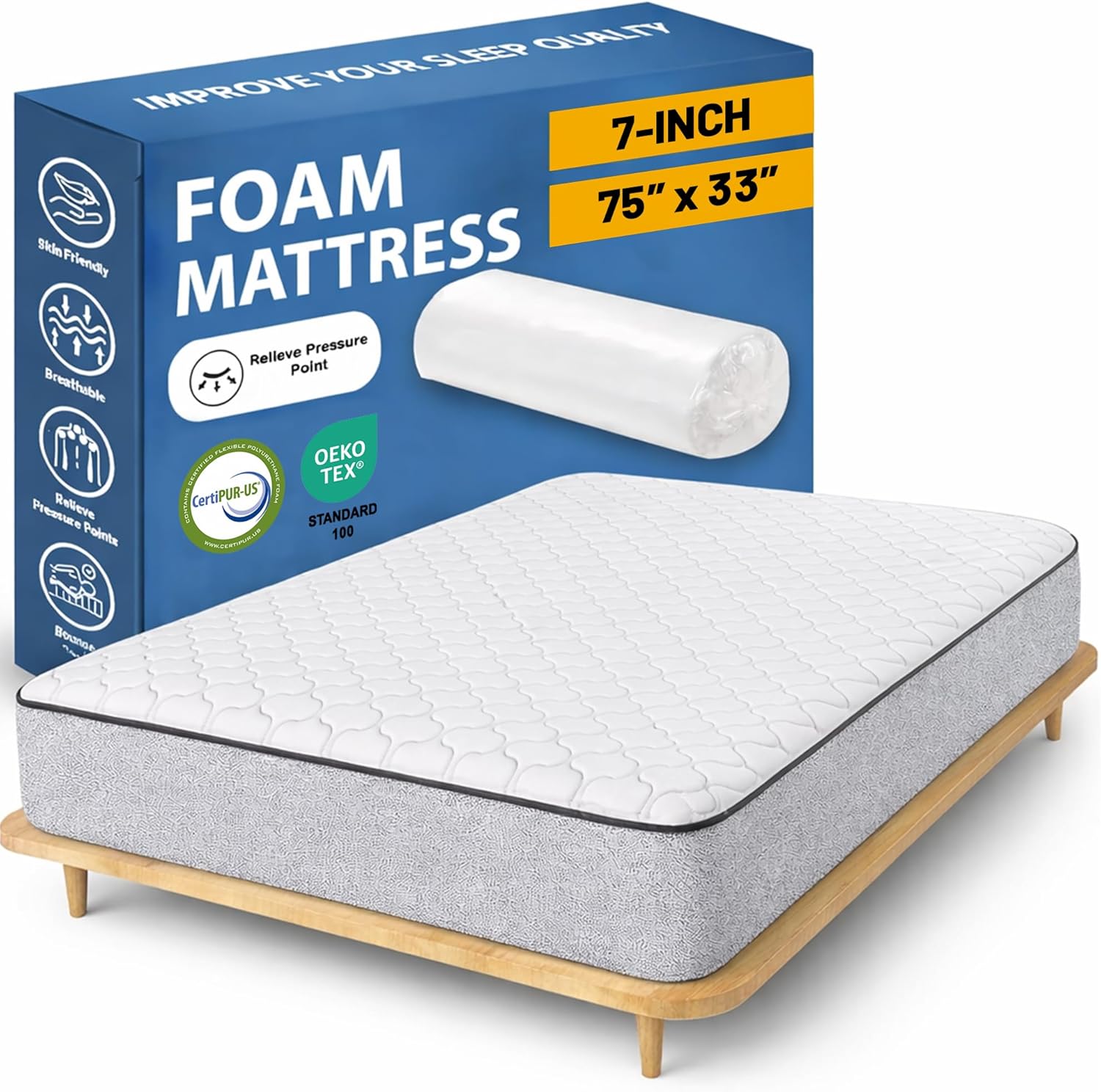 Greaton, 7-Inch Medium Firm High Density Foam Mattress, Comfortable Mattress for Cooler Sleep, Supportive & Pressure Relief, 75" x 33", White