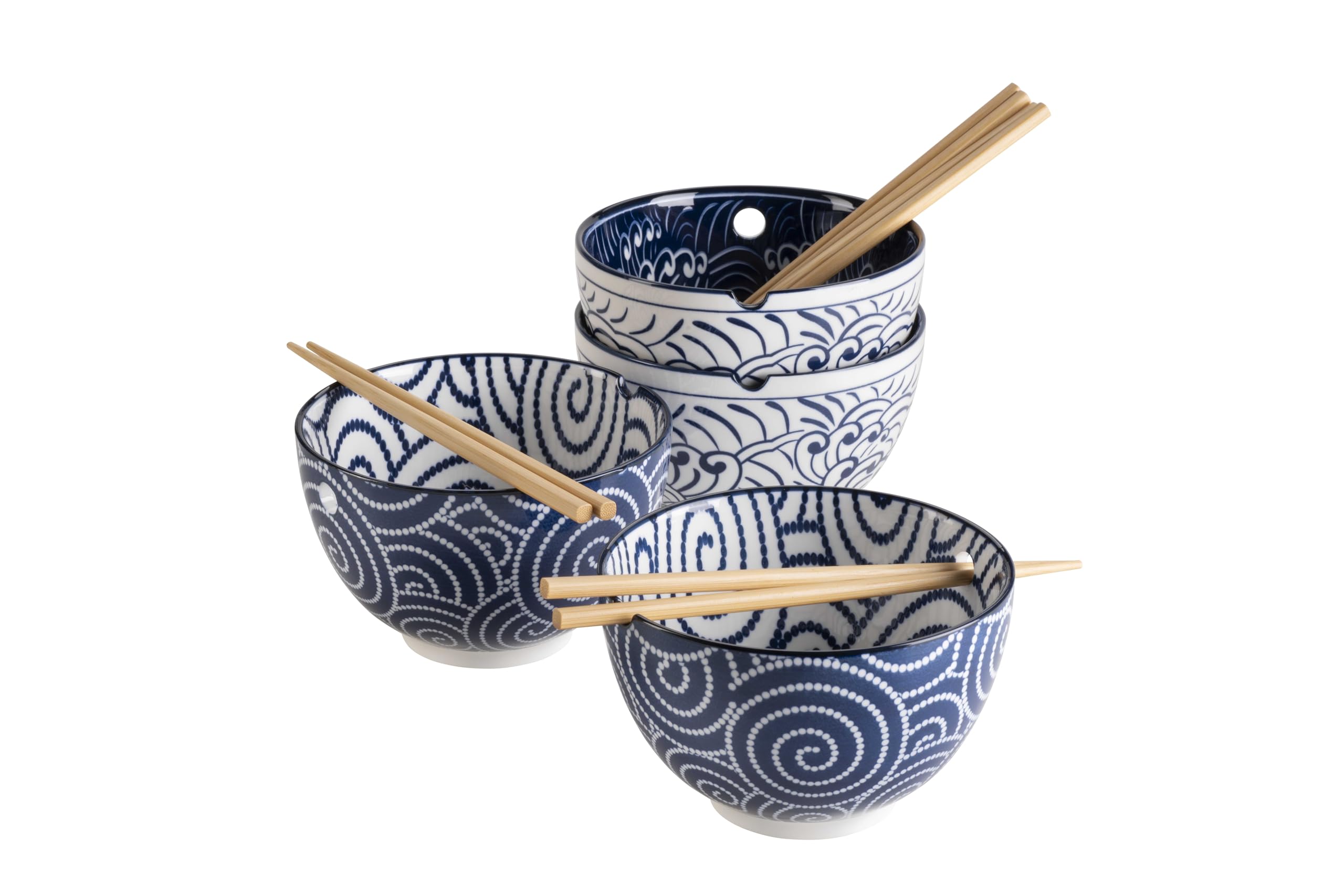 MÄSER, Serie Jurka, Bowl mit Essstäbchen für 4 Personen, asiatische Schale für Ramen, Pho und Nudel Bowls, Porzellan, Blau/Weiß