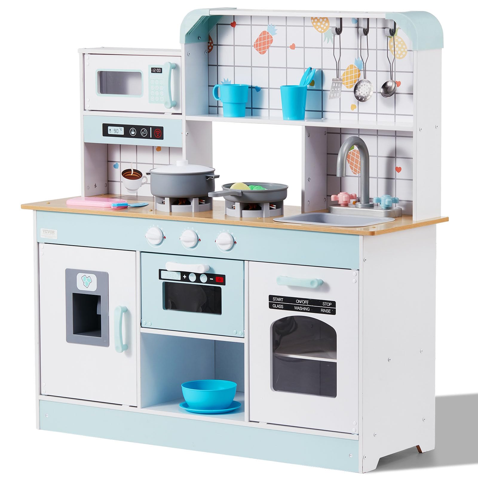 VEVOR Cuisine pour Enfants, Ensemble Cuisine pour Tout-petits en Bois avec Lumières, Son, Machine à Glaçons, Four, Évier, Micro-ondes, Réfrigérateur, Ustensile, Accessoire, pour Enfants 3-8 ans, Blanc