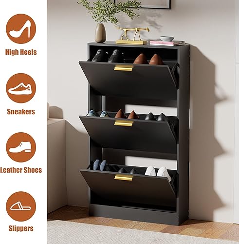 Miniatura 4 de JOZZBY Armario de almacenamiento para zapatos con 3 cajones abatibles para entrada, limo negro, organizador de zapatos moderno y estrecho para