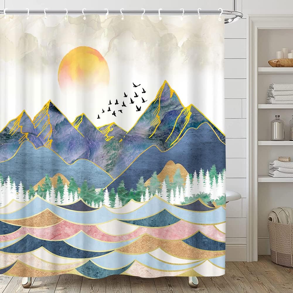 Colorful Abstract Mountains Shower Curtain Sun Moon Mountain River Cactus Natural Plants and Flowers Hippie Teen Bathroom Decoration with Hooks