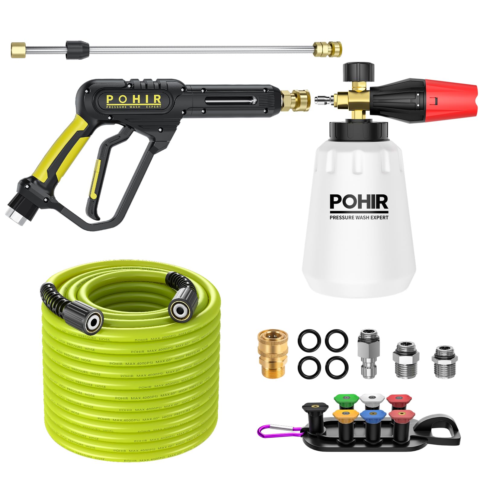 POHIR Pistola idropulitrice con cannone in schiuma e tubo idropulitrice da 15,2 m, kit di lavaggio a pressione 3600 psi con bacchetta di estensione da 38,1 cm e 7 punte per ugello, connettore rapido