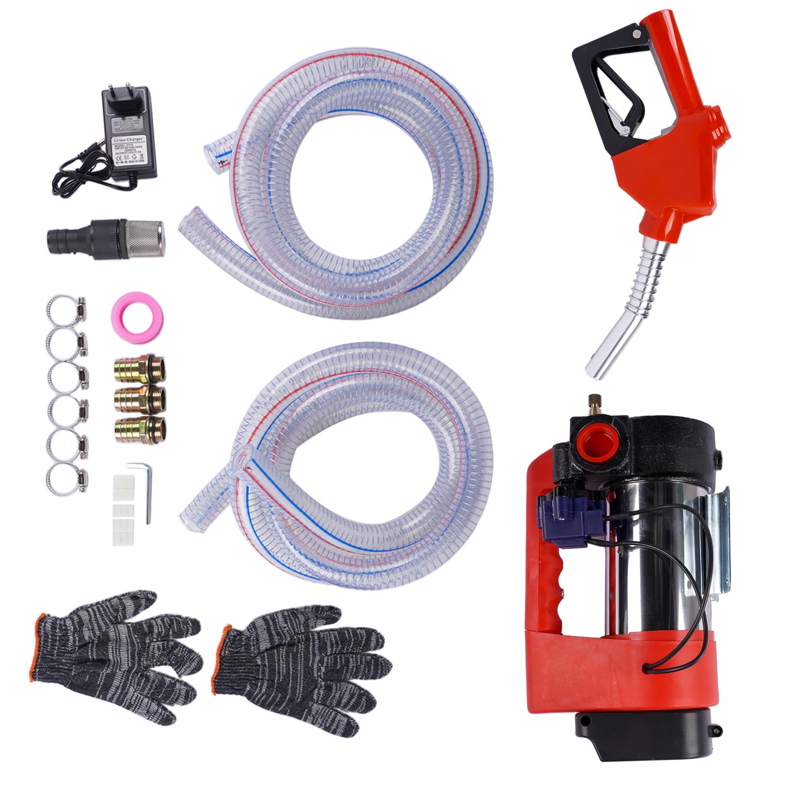 Bomba de Trasvase Diesel a Batería 21V Caudal 45 L/m, Eléctrica Bomba Portátil con Pistola, Filtro y 2 x 2m Mangueras para Diesel, Keroseno, sin batería Hopzty