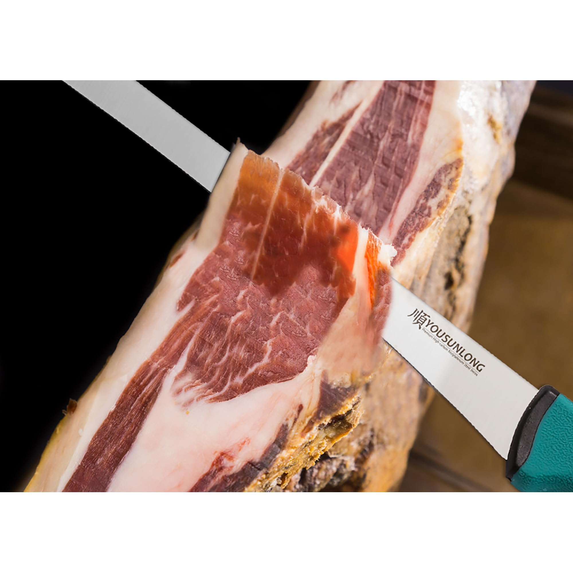 YOUSUNLONG Aufschnittmesser Schinkenmesser – 12 Zoll (305 mm) – Super scharf – Edelstahl mit hohem Kohlenstoffgehalt – Fleisch- und Schinkenschneider – gebogene, flexible Klinge…