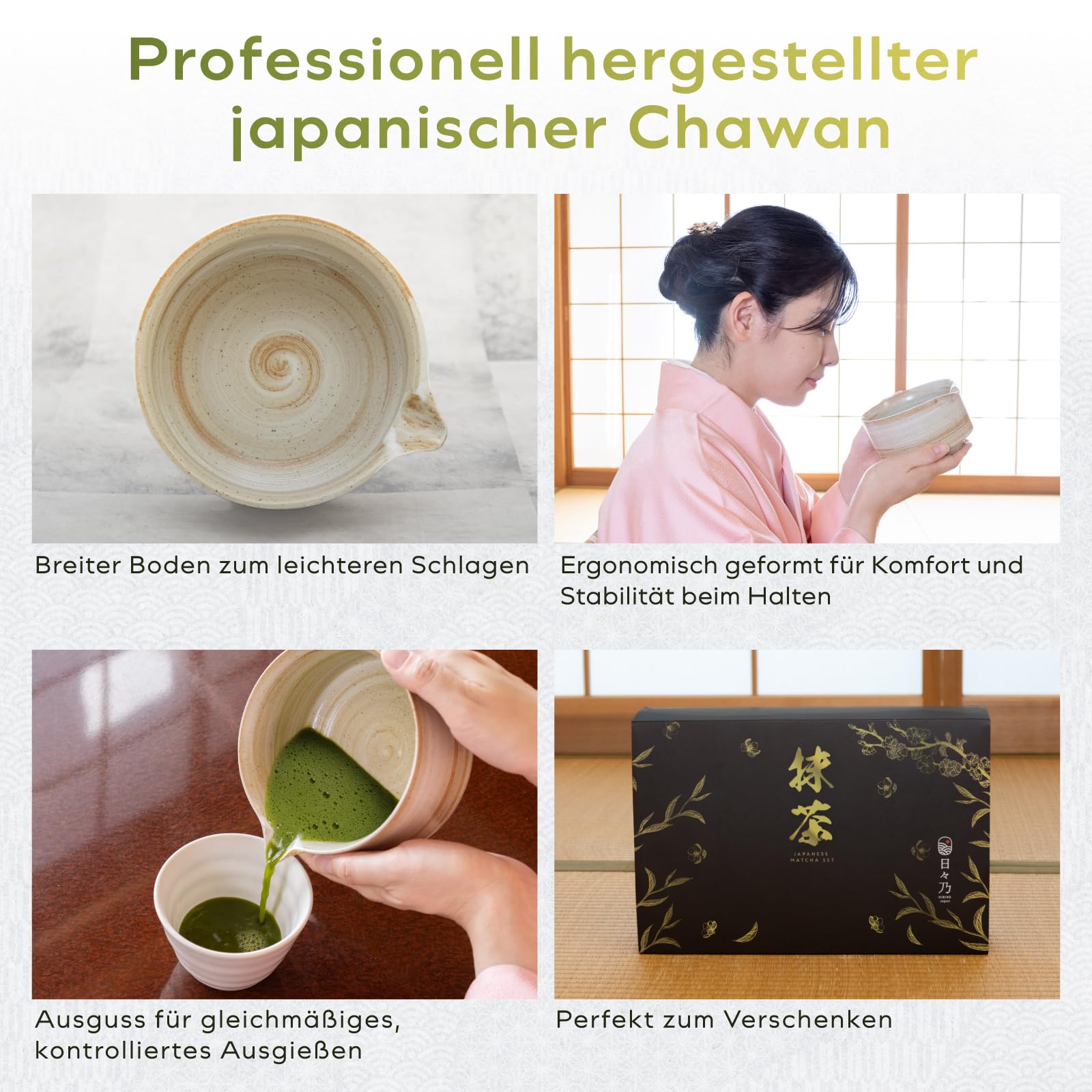 HIBINO Japanisches Matcha Set – Matcha Schale mit Ausguss, Matcha Besen & Halter, Bambus Löffel & Edelstahl-Sieb – 5-teilig – Traditionelles Matcha Kit – Design aus Japan – „Rustikales Beige“