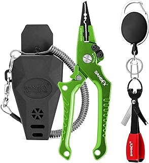 SAMSFX Aluminum Saltwater Fishing Pliers Locking with Quick Nail Knot Tying Tool and Zinger Retractor (Green Handle-7'' Split Ring Nose, Fishing Knot Tying Tool)
