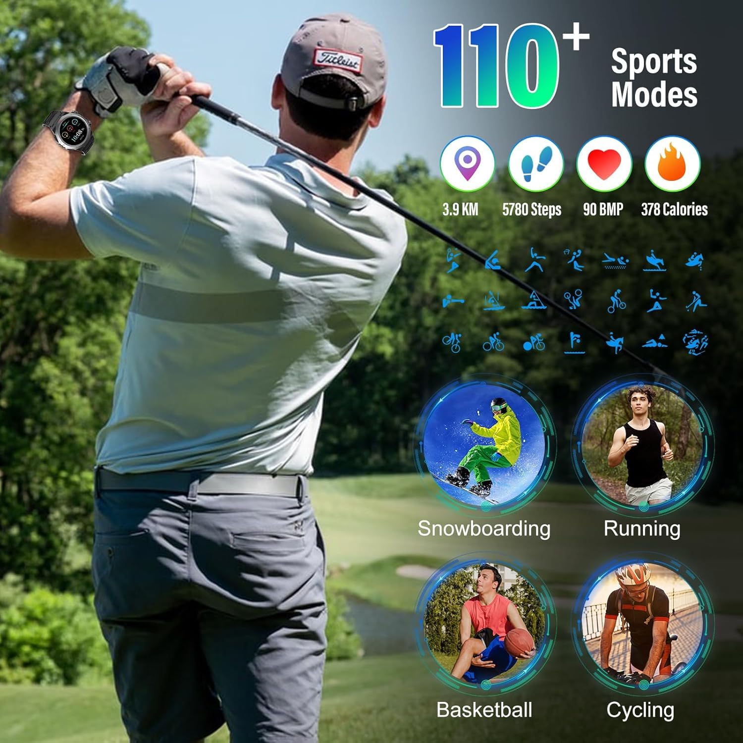 Smartwatch Uomo Militare, 1.39" HD Orologio Smart watch con Chiamate Bluetooth, Tracker Attività con Sonno/Cardiofrequenzimetro, 110+ Modalità Sportive, IP68 Impermeabile per Android iOS, Nero