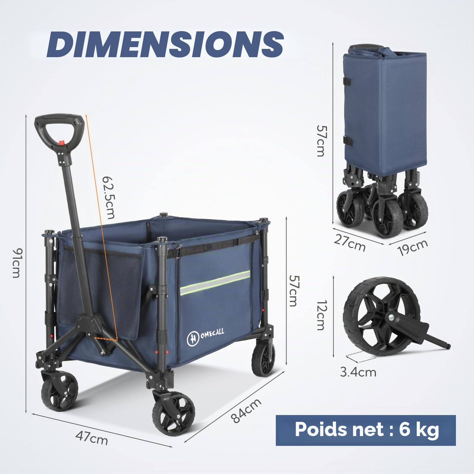 Homecall Chariot de plage pliable jusqu'à 100 kg avec bandes réfléchissantes et poignée réglable, pour chiens (petits), shopping, camping, transport