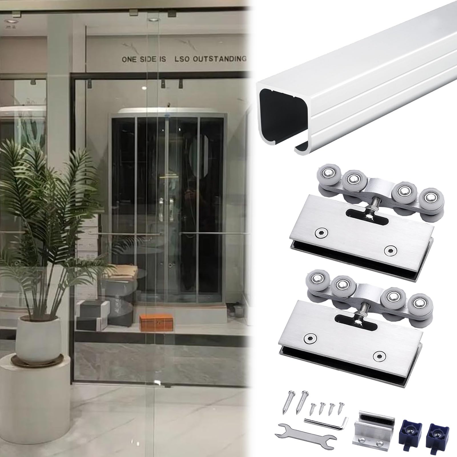 Zestaw drzwi przesuwnych do drzwi szklanych – komercyjny system szyn tarasowych, aluminiowe szyny z gładkimi rolkami, kompletny zestaw akcesoriów do łatwej instalacji, trwały i stylowy design