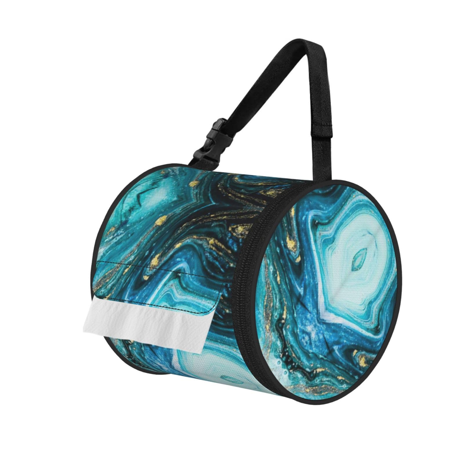 Turquoise Blue Gold Marble Printed Roll Paper Carrier Bag, Foldable Oxford Cloth Tissue Case for Camping Hiking Backpack