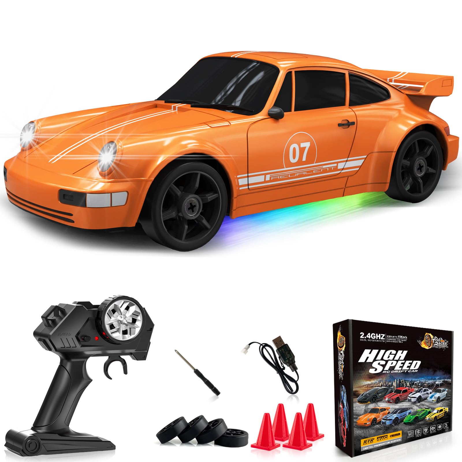Remote Control Car RC Drift Car 2.4GHz 1:24 4WD 15KM/H High Speed Racing Sport Car with LED Lights Drifting Tire Racing Sport Toy for Adults Boys Girls Kids Gift