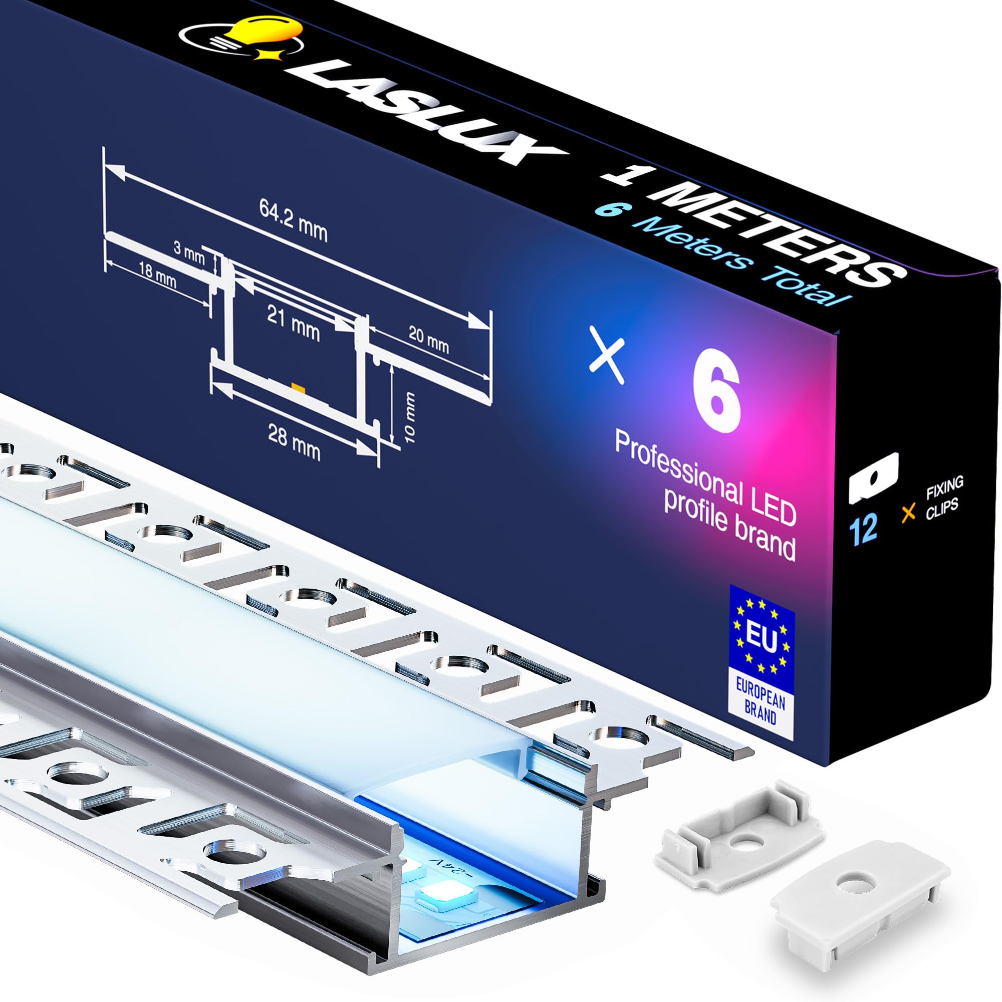 6x Profilo Alluminio per Strisce LED Cartongesso1M (6mt) - Canalina per Striscia LED con Copertura Opaca - Dimensioni 28 x 13.8mm - Compatibile con Strisce LED fino a 21mm (Z44-1M, 6)