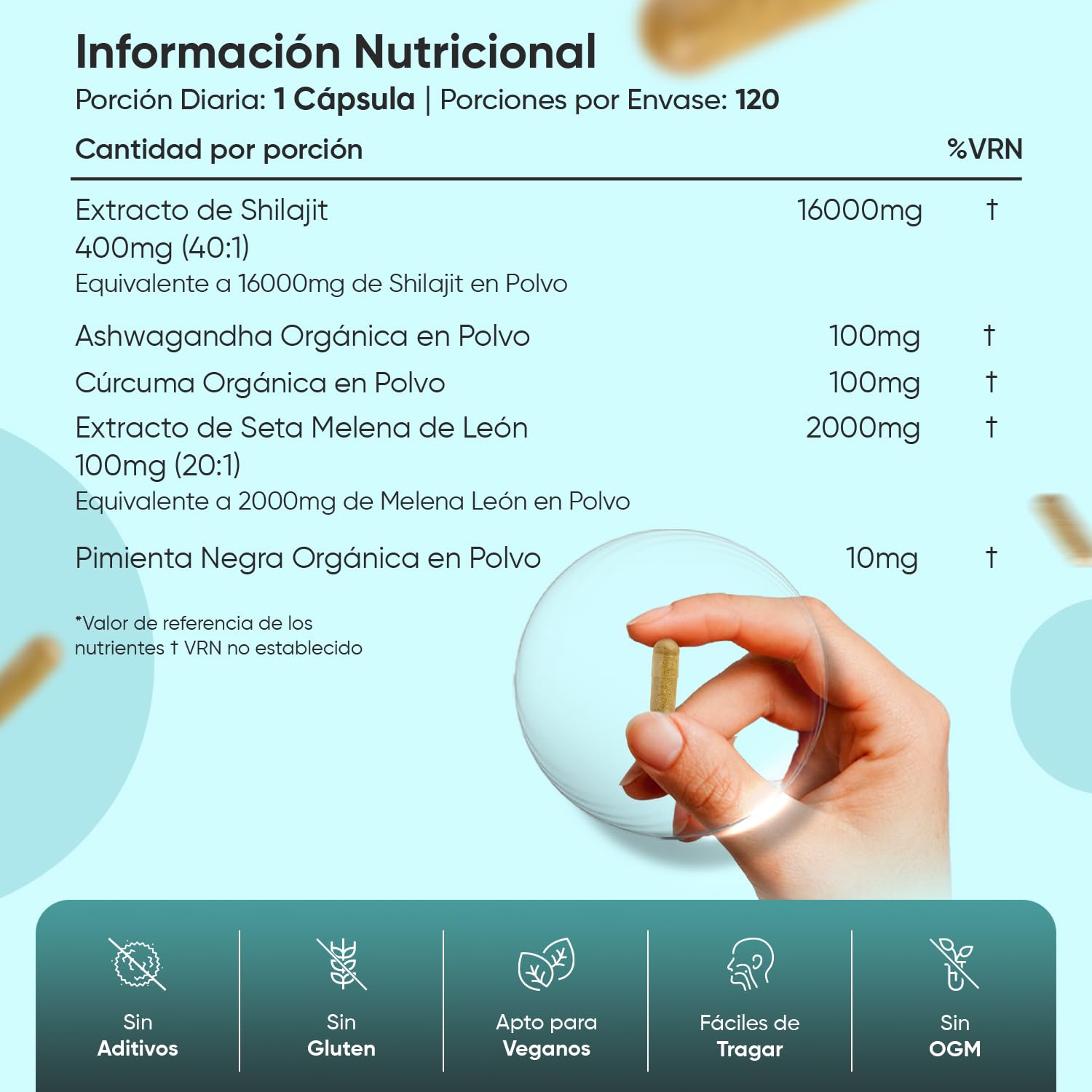 Shilajit Complex 18210mg, 120 Cápsulas, Con Ashwagandha, Melena de León y Cúrcuma - 16000mg de Shilajit en Polvo por Cápsula - 4 Meses de Suministro - Apto para Veganos, sin OGM