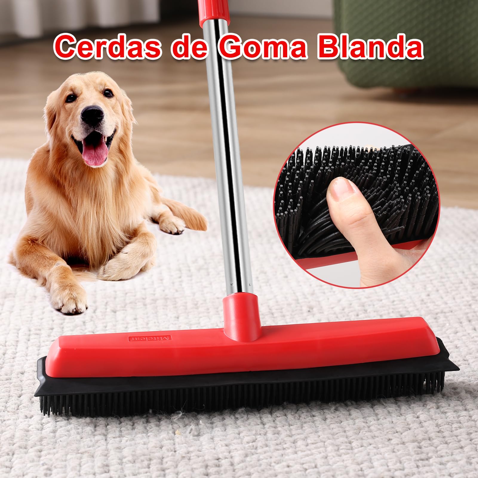Mitclear Escoba de goma con mango largo 60 pulgadas, cepillo de suelo 2 en 1 con escobilla integrada 13 pulgadas, removedor pelo mascotas
