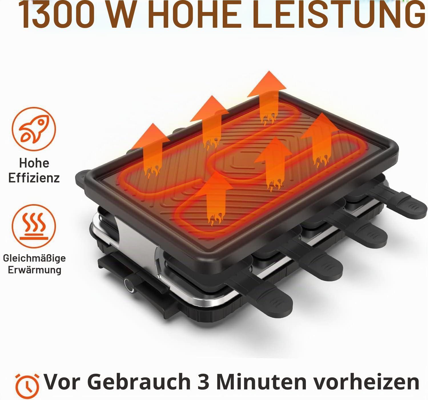 Raclette 8 Personen, Raclette Grill mit 8 Pfännchen, 1300 W | Stufenlos regelbare Temperatur, antihaftbeschichtete Grillplatte und 8 Pfännchen, Kontrollleuchte, für Tischgrillen