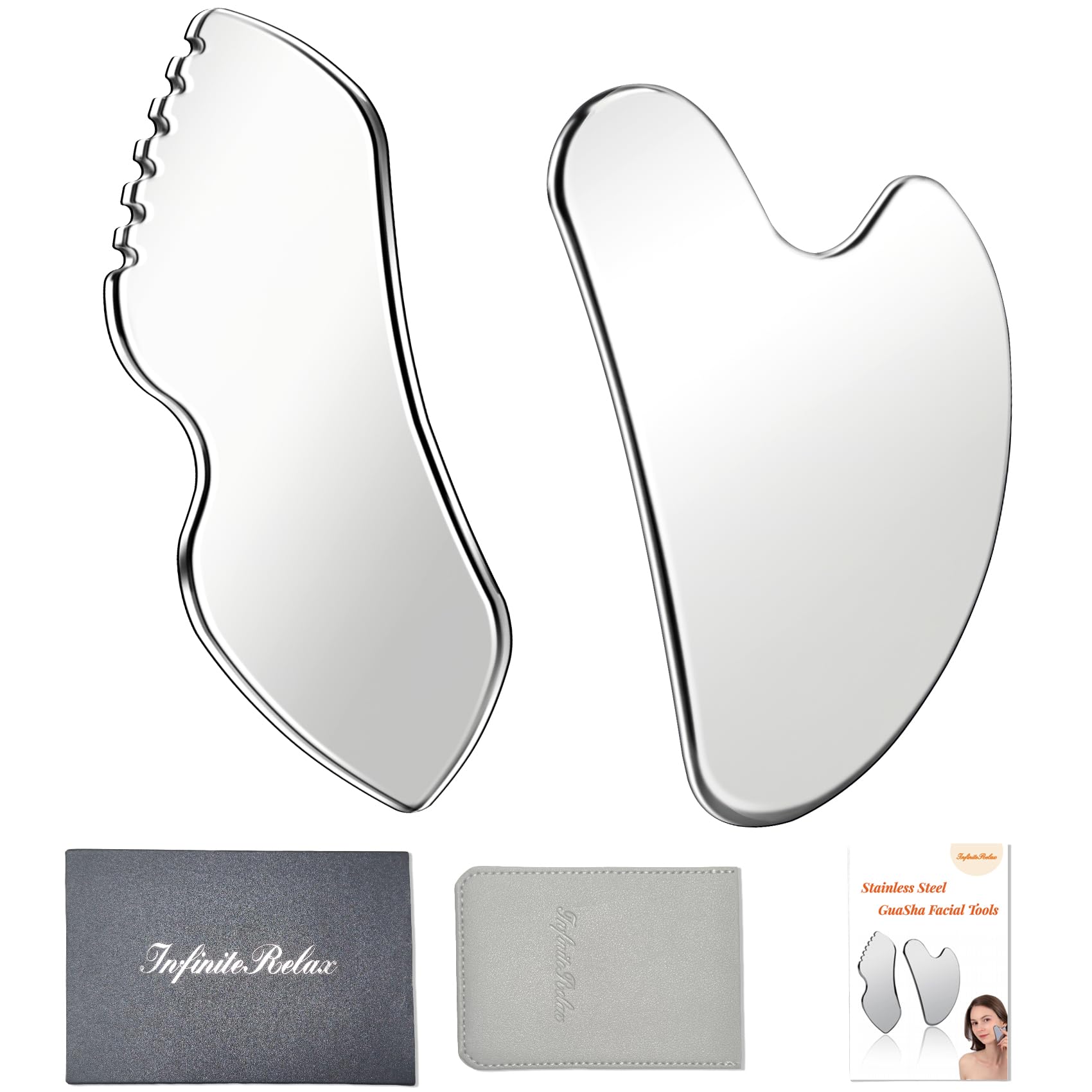 InfiniteRelax 2Pcs Stainless Steel Gua Sha Facial Tools Set, Metal Face Comb Detail Skin Care Tools, Body and Face Gua Sha Sculpting for Tighten Skin