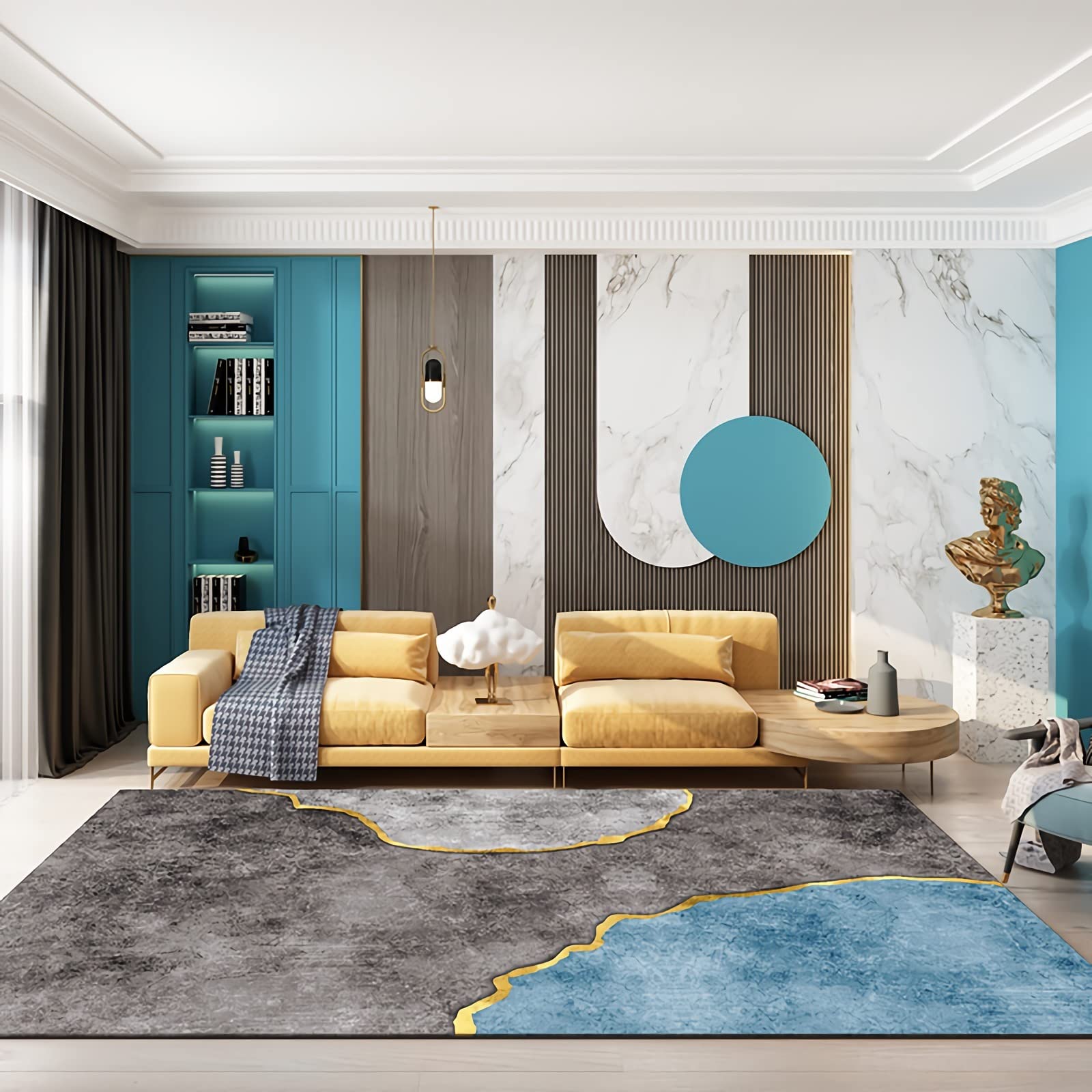 Tappeto tappeto scendiletto camera da letto,Tappeto Durevole Resistente Allo Sbiadimento Design A Inchiostro Grigio Blu Nero tappeto morbido,finto camino 60x90cm