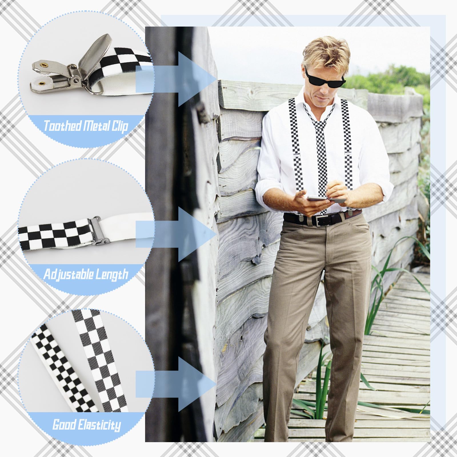 GLGHMH 5pcs Party Suspenders Set, Ska Two Tone Y Back Adjustable Suspenders with 1980s Bucket Hat Sunglasses Bow Tie - Image 4