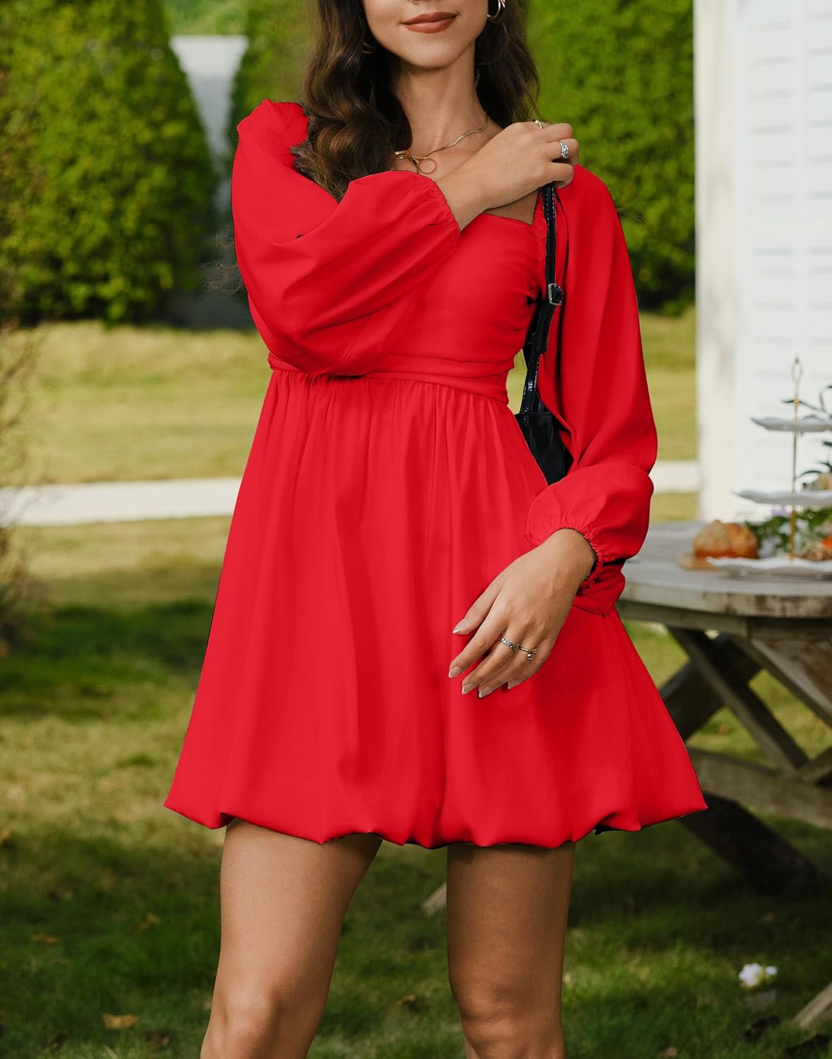 HYPERFIRE Women's Square Neck Long Sleeve Bubble Mini Dress Pleated Smocked A Line Wedding Dresses - Image 5