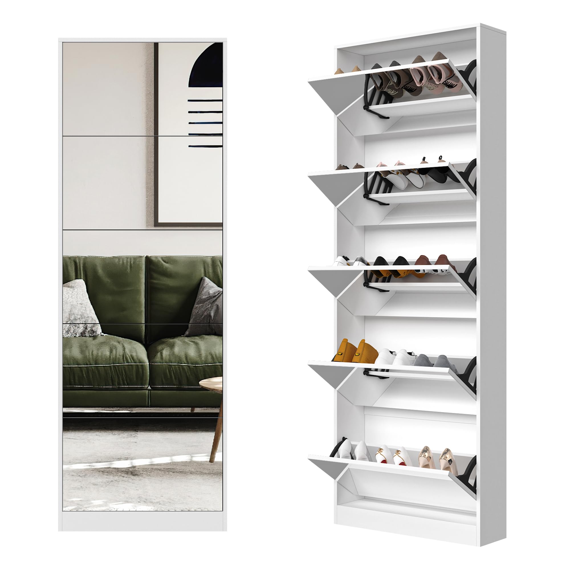Organizedlife Mirror Shoe Cabinet, Hidden Shoe Storage Organizer with Flip Drawers Door, 5 Tier Free Standing Shoe Rack for Closet, Entrance
