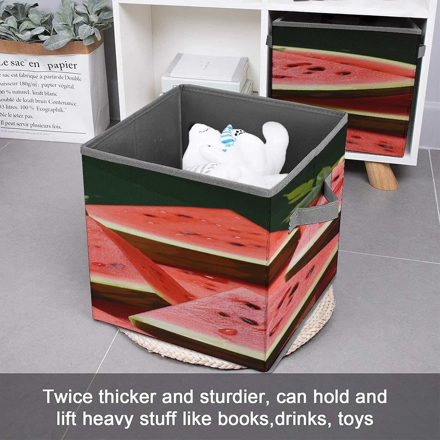 Ripe Watermelon Slice Seeds Fabric Bins Storage Basket Square Baskets | Storage Bin with Double Handles,Cube Collapsible Organizers for Organization,Closet,Shelves,Offices