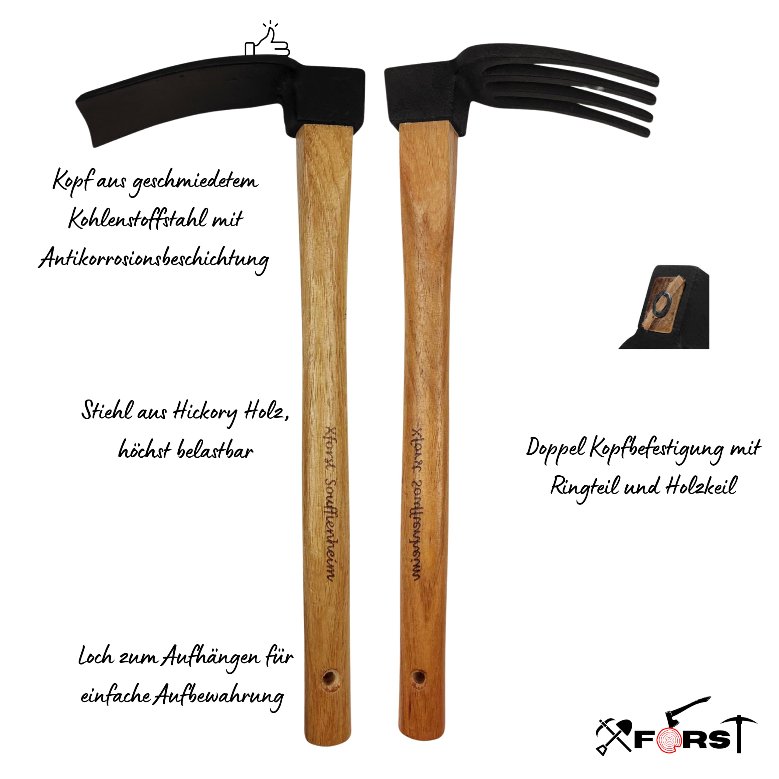 Xforst Ensemble d'outils de jardin à deux houes de jardin avec houe droite + houe à 4 dents avec manche en bois d'hickory et tête en acier forgé.