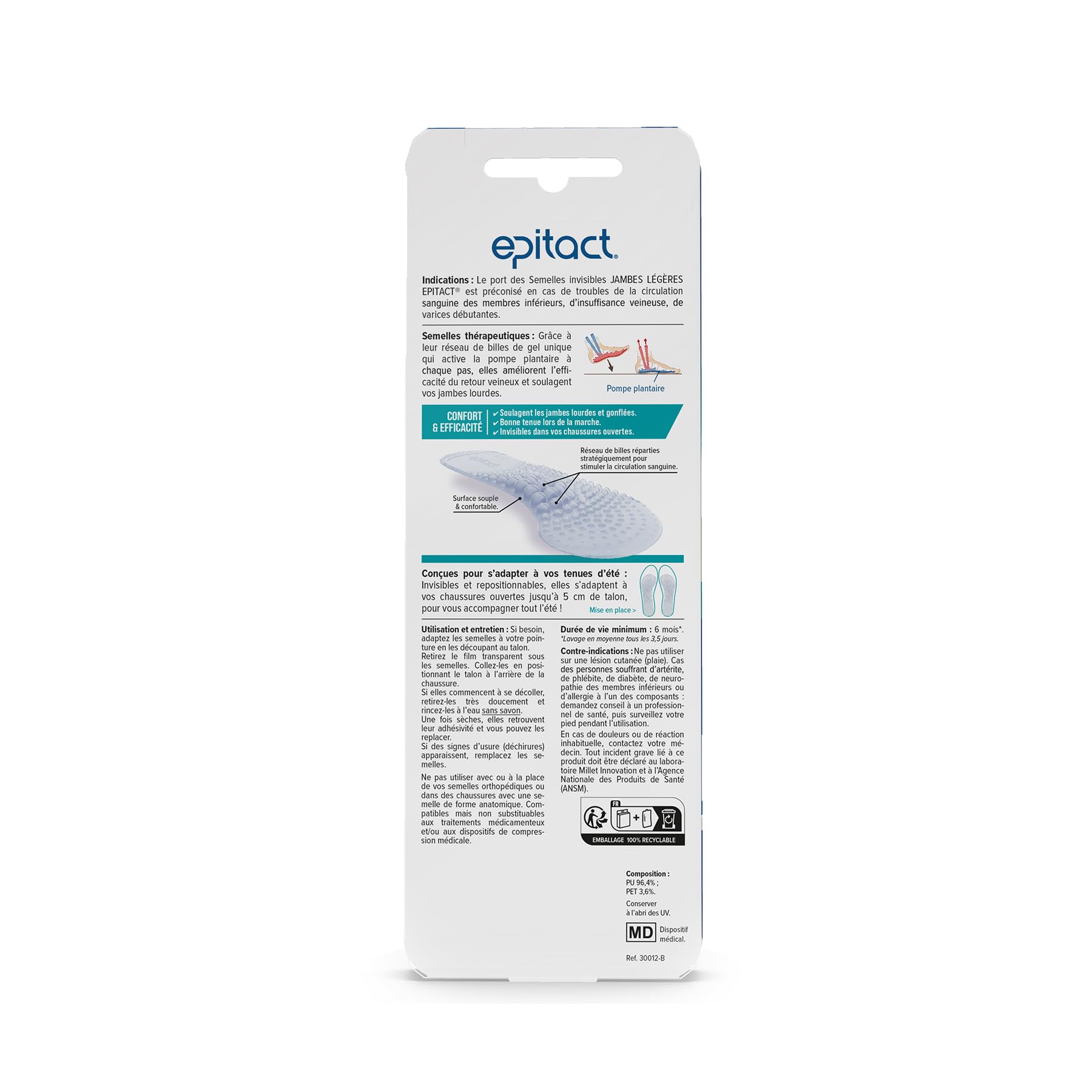 EPITACT | Semelles Invisibles Jambes Légères | Pour les Chaussures Ouvertes (Sandales, Tongs…) | Auto-Adhésives & Repositionnables | Soulagent les Jambes Lourdes, Gonflées (M (39-41))