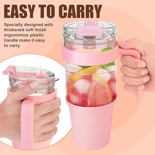 Miniatura 6 de Tronco Vaso de vidrio de 40 onzas con asa, popote abatible a prueba de fugas, vaso de vidrio reutilizable con popote y tapa, taza de café helado con