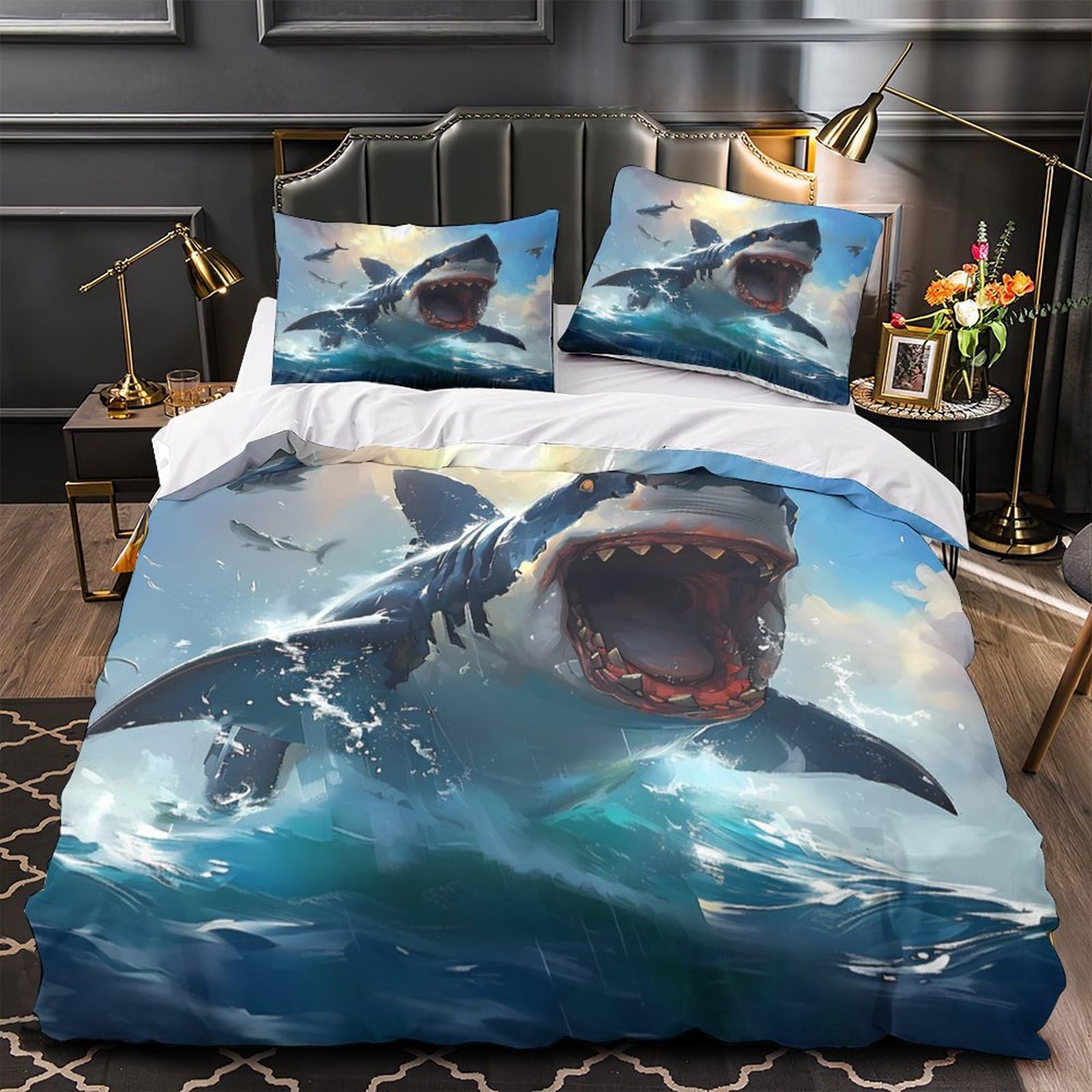 Housse couette requin blanc fermeture éclair pour lit simple ado