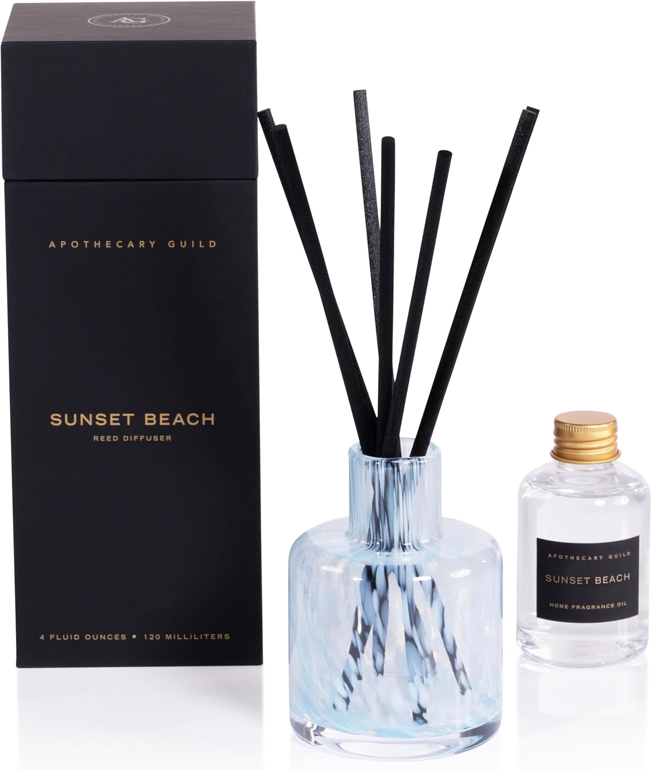 Zodax Apothecary Guild Opal Glass Reed Diffuser – Home Decor Ideal for Living Room, Office, Shelf, and Bathroom – Gift Box Packaging Included – Sunset Beach Scent – 4 Oz.