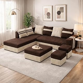 CASARIO Stova Luxe Velvet-Suede Fabric 8 Seater LHS L Shape Sofa Set | with 2 Ottoman &amp; Centre Table| Comfortable &amp; Spacio...