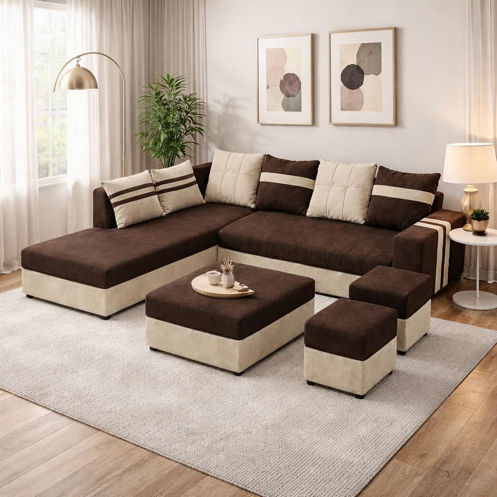 Stova Luxe Velvet-Suede Fabric 8 Seater LHS L Shape Sofa Set | with 2 Ottoman & Centre Table| Comfortable & Spacious Seating | Modern Sofa Set for Living Room – Dark Brown & Cream-image-12