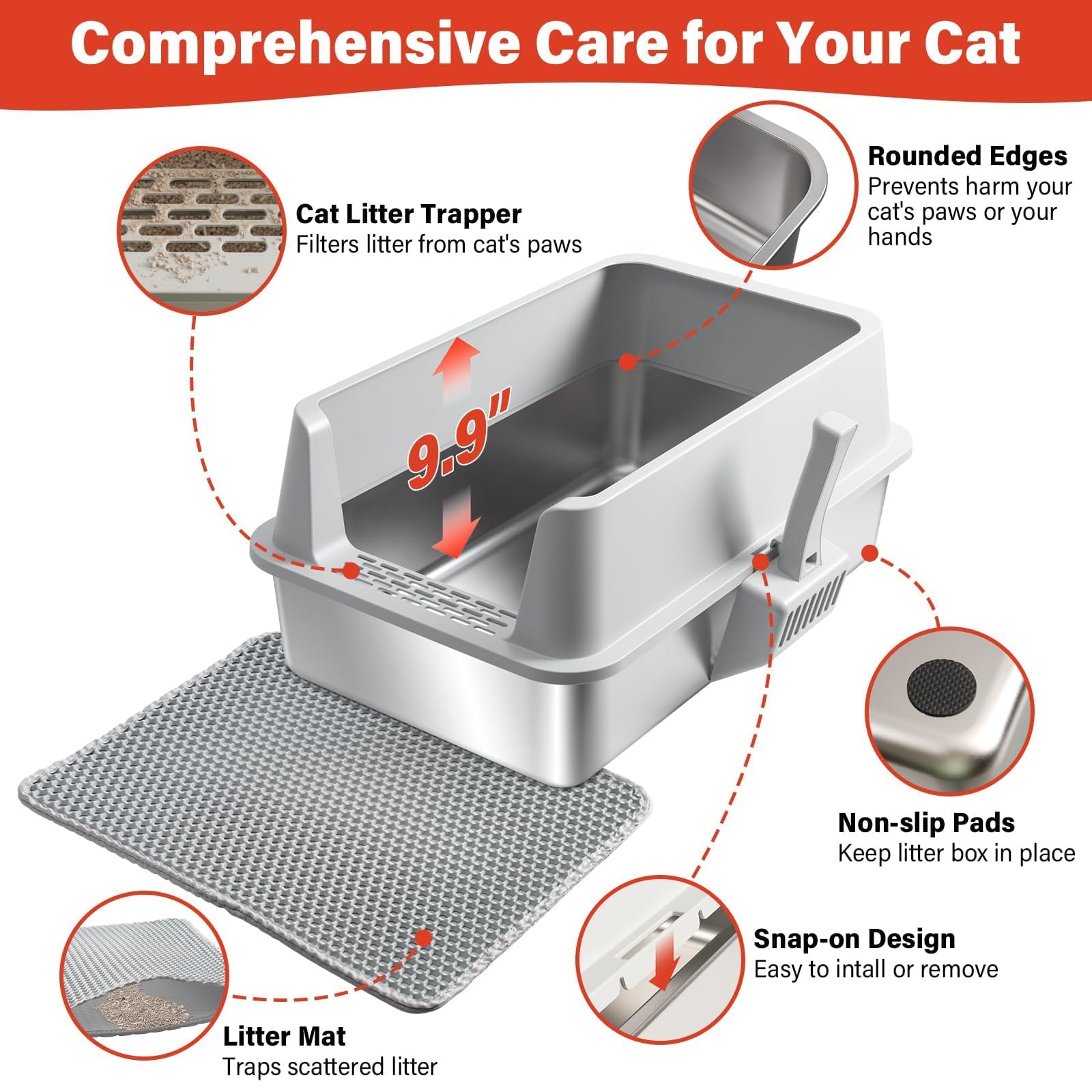 2PACK Stainless Steel Litter Box, Metal Litter Box with High Sides Lid, XL Large Cat Litter Boxes for Big Cats, Never Absorbs Odors, Anti-Urine Leakage, Easy Cleaning, Non-Stick, Include Scoop and Mat - image 7