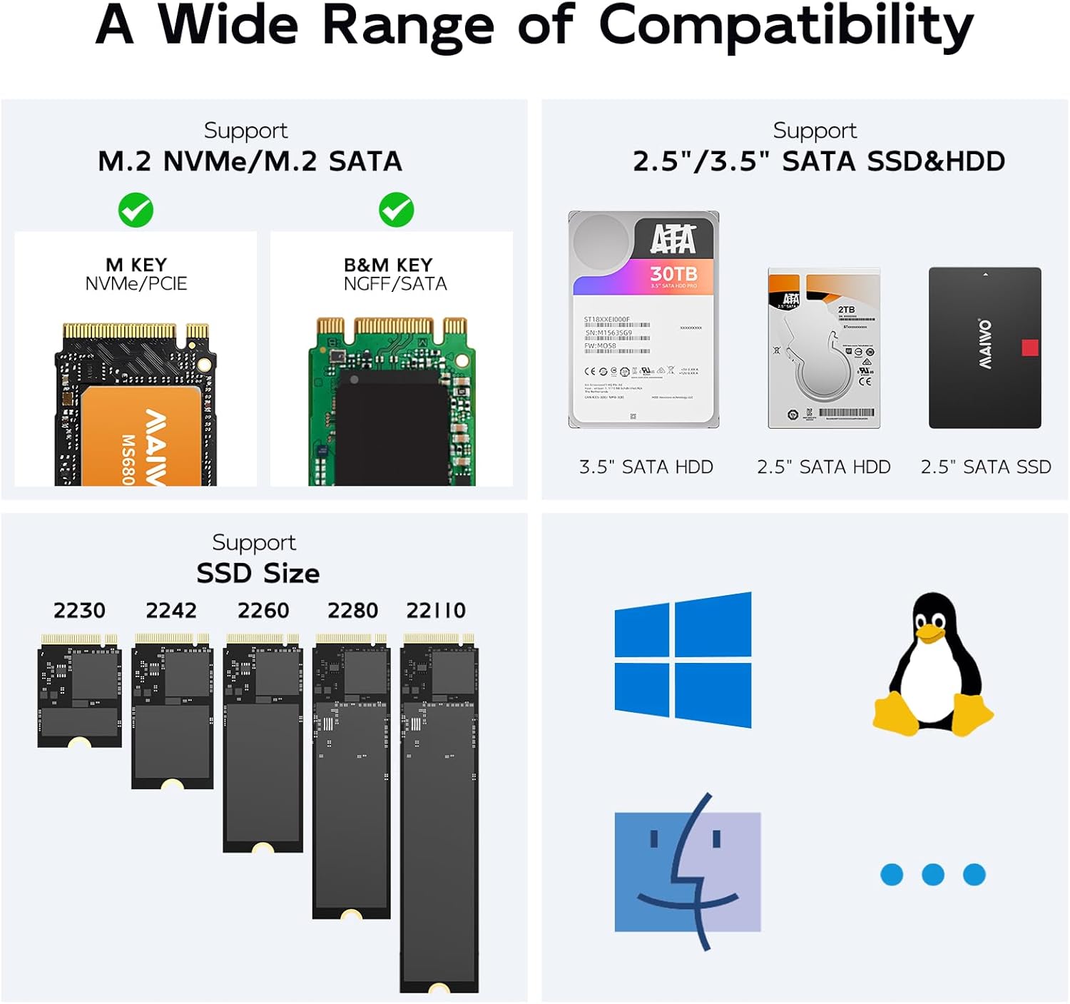 MAIWO M.2 NVMe to 2.5 3.5 SATA SSD HDD Cloner, USB-C 10Gbps SATA to NVMe Bidirectional Clone Docking Station, Tool-Free Hard Drive Reader Adapter Duplicator