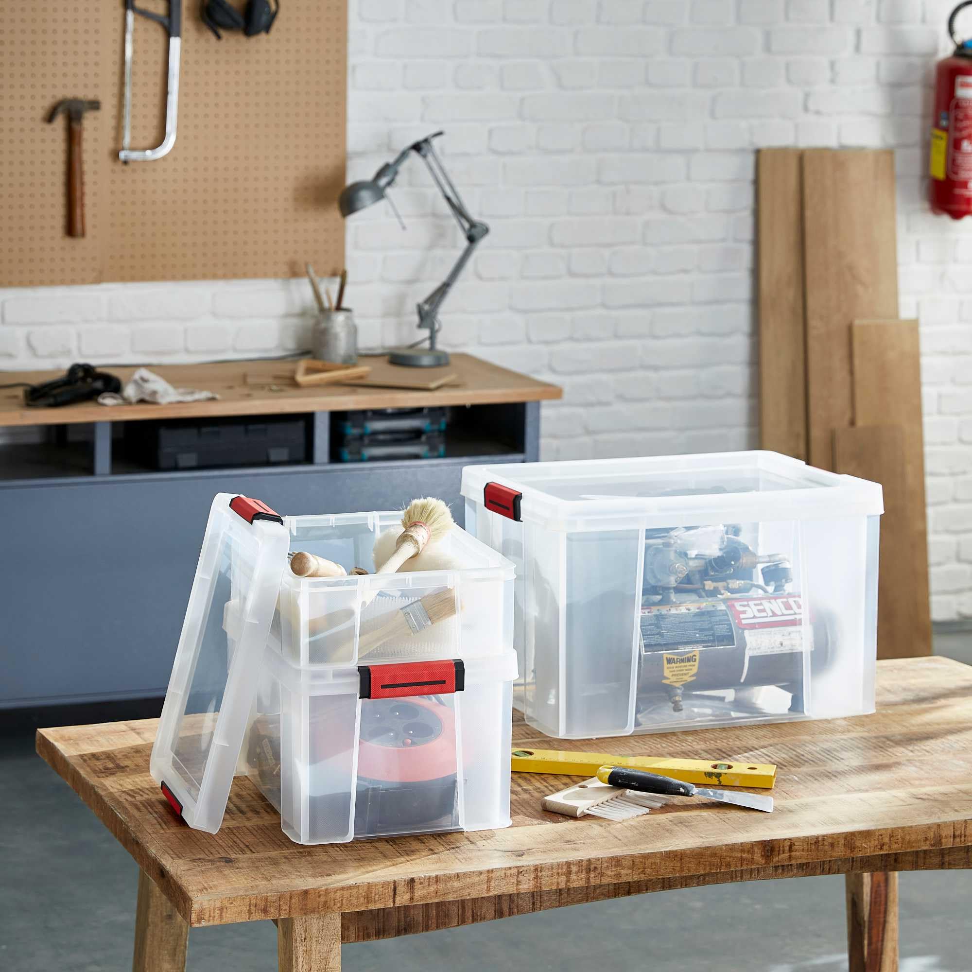 SUNDIS Clip’N Store, boîte de rangement plastique avec couvercle 45L, x3 | Robuste, transparente, apte au contact alimentaire, parois droites, clips de fermeture, superposable et combinable