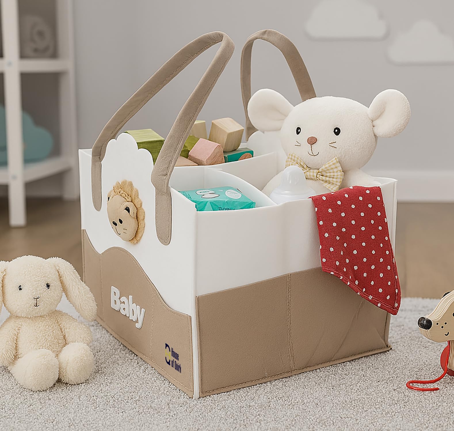 House of Quirk Baby Diaper Caddy Organizer | Portable Nursery Storage Basket for Diapers & Wipes | Baby Shower Gift & Car Organizer for Newborn Essentials – Bear White - Image 5 thumbnail