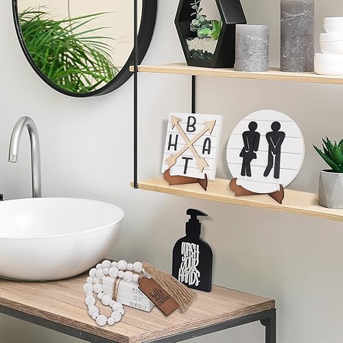 Miniatura 3 de Eniffbaa Juego de 7 bandejas de madera para baño, decoración de estante de baño, letreros divertidos para decoración de baño, mini letrero de baño