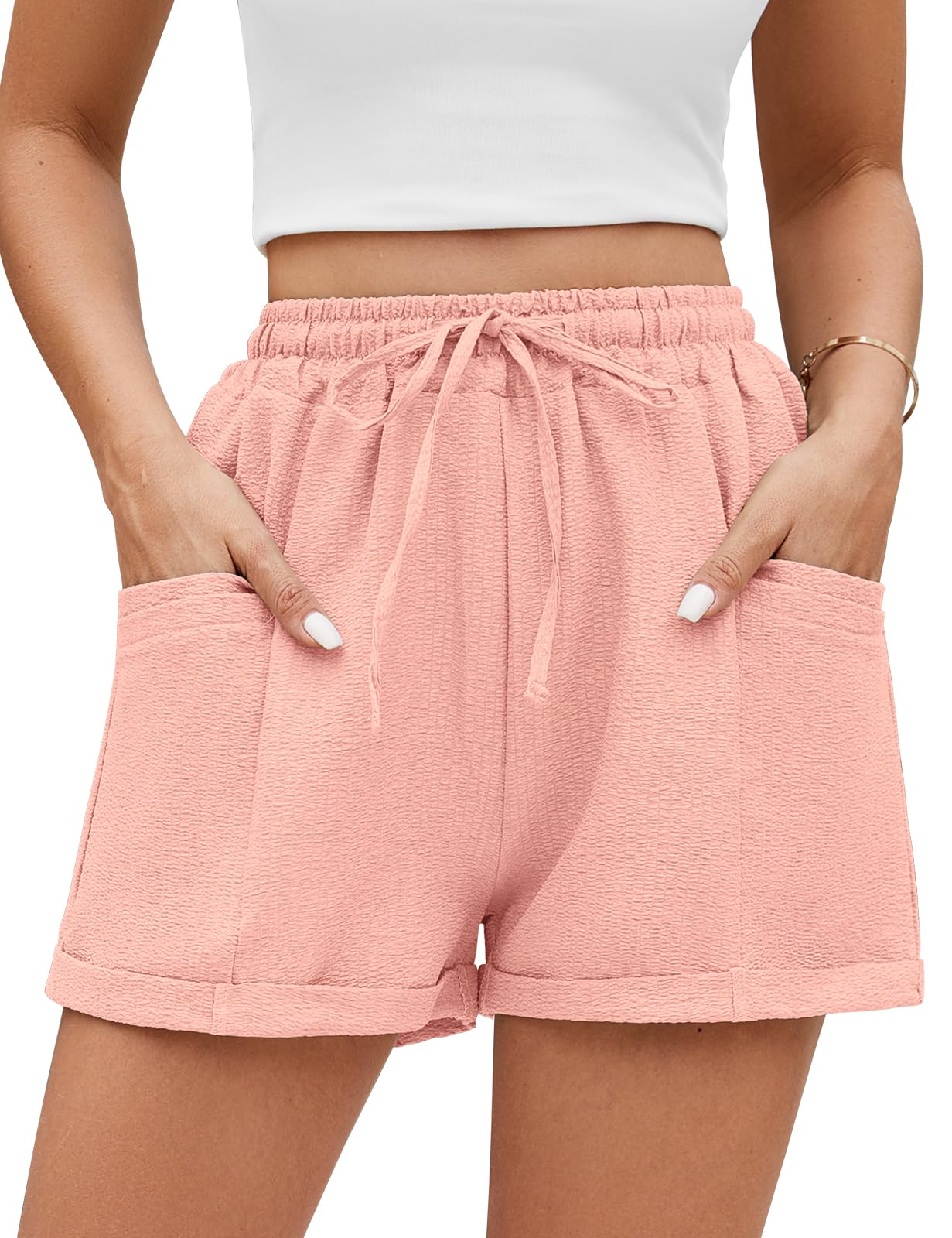 PASUDA Pantaloncini Donna Estivi Casual Vita Alta Pantaloni con Coulisse Pantaloncini Corti Leggero Larghi Tinta Unita Pantaloni Sportivi con Tasche