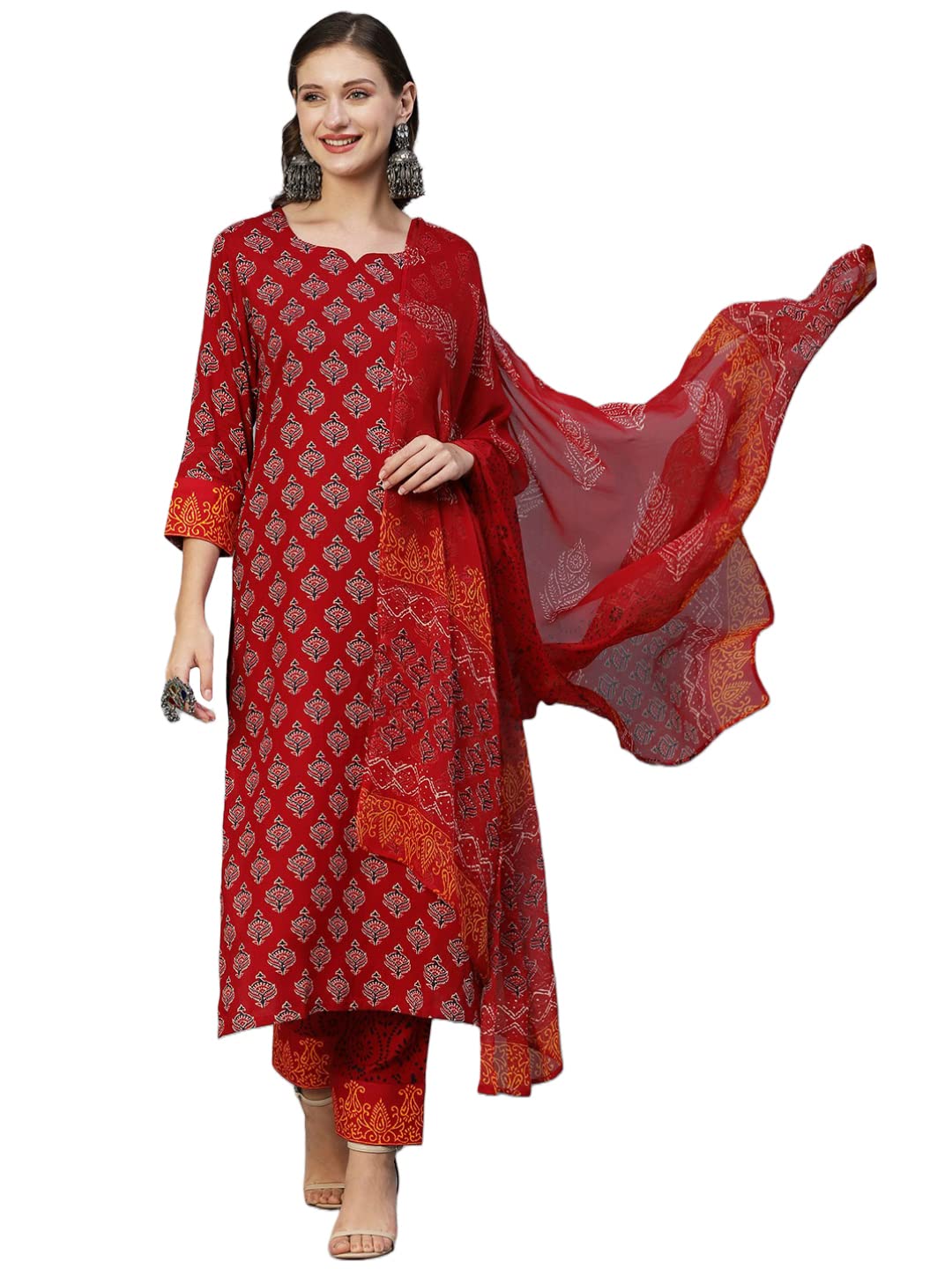 GoSriKi Women's Cotton Blend Floral Printed Straight Kurta with Pants & Dupatta (Shank-Maroon-CGD-GS_XXL_Maroon_XX-Large)
