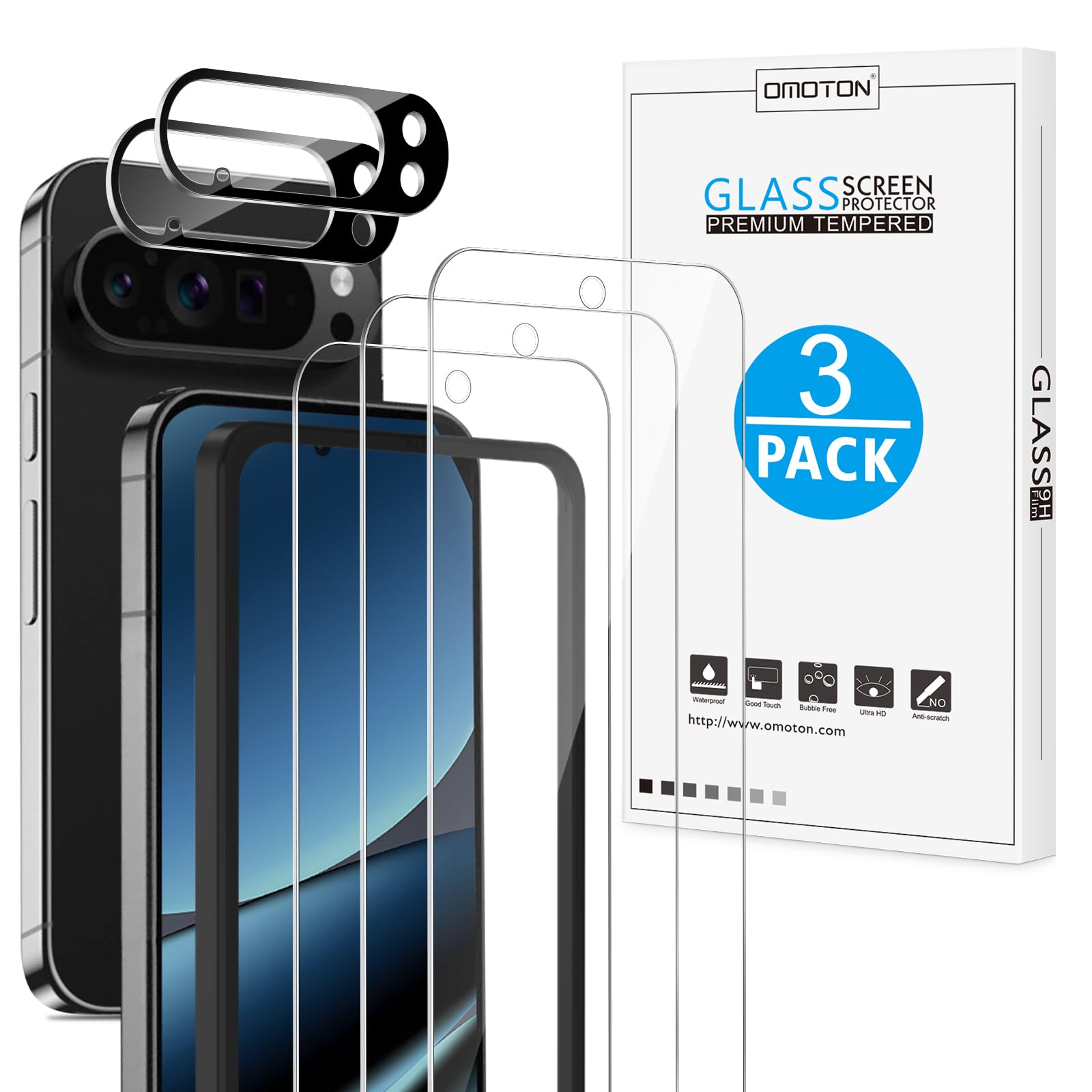 OMOTON 3+2 Pack for Google Pixel 10 Pro XL Screen Protector 6.8 Inch 2025, 3 Tempered Glass Film and 2 Camera Lens Protector, Bubble-free, Easy Installation, Not for Pixel 10 Pro/ 10