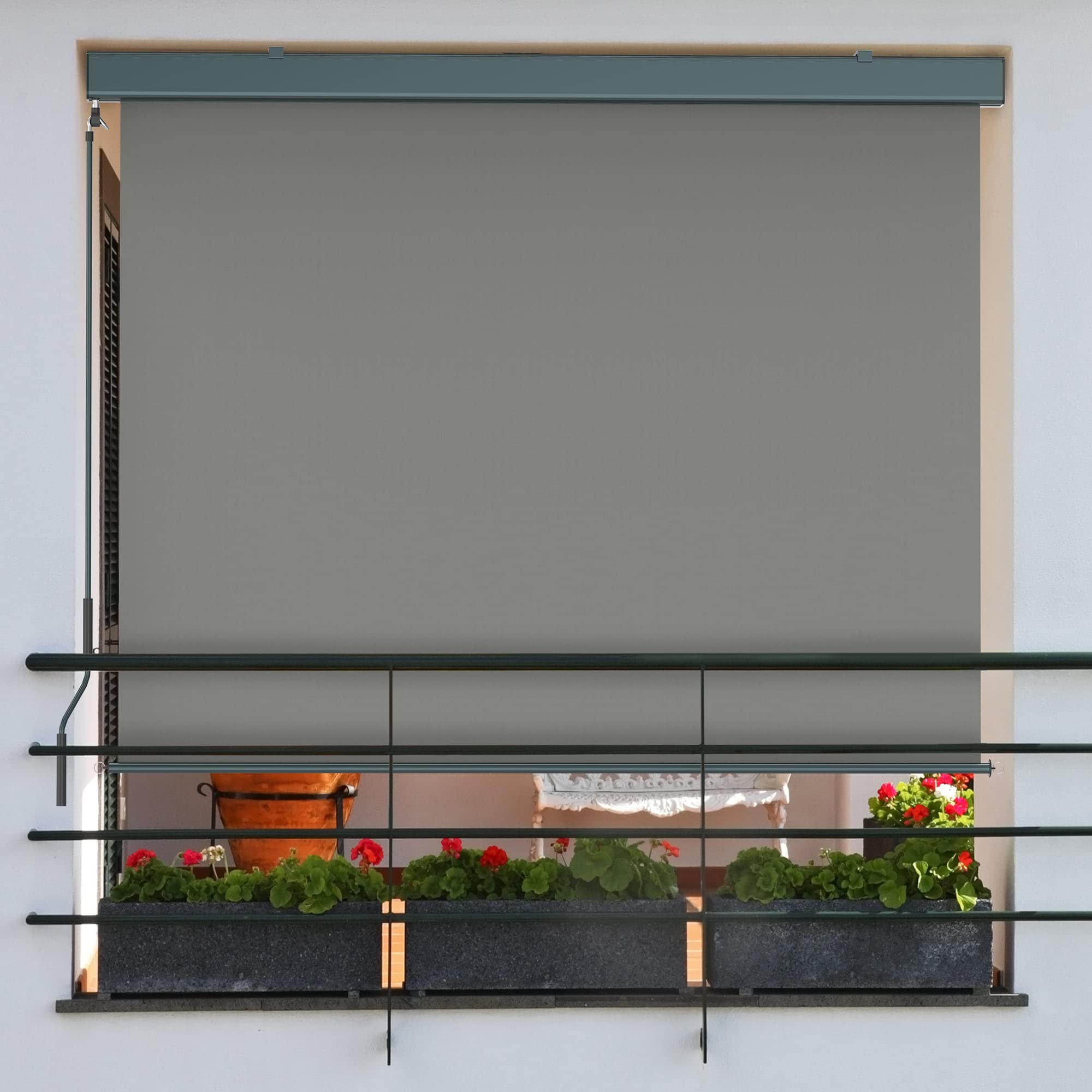 paramondo Außenrollo Senkrechtmarkise 2000 Balkonmarkise Balkonrollo Sonnenschutz, mit Kassette & Kurbelbedienung, 140 x 250 cm, Grau, Gestell Anthrazit