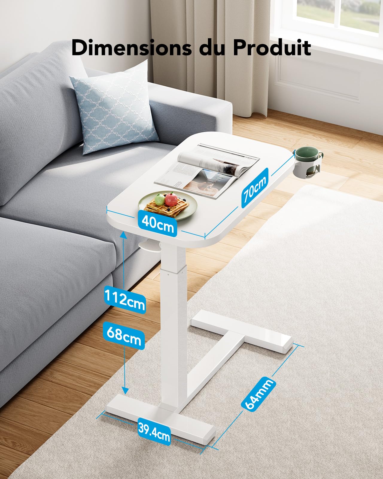HUANUO Table d'Appoint à roulettes 70 x 40 cm, Petite Table d'appoint pneumatique Mobile pour Ordinateur Portable avec Porte-gobelet, idéale pour Le télétravail