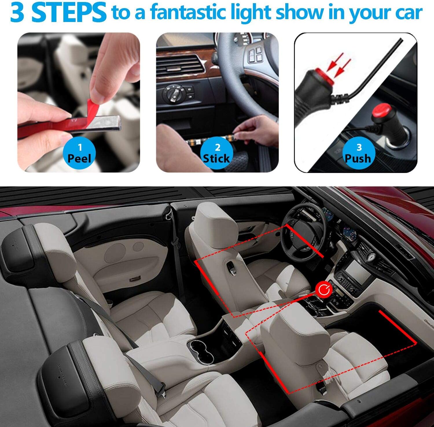 Megulla Bluetooth Music Interior Car Lights, Color Changing Car LED Strip Lights LED Lighting Kit with RF Remote and APP, Multi DIY Color Underdash Car Lighting with DC 12V Car Cigarette Charger : Automotive
