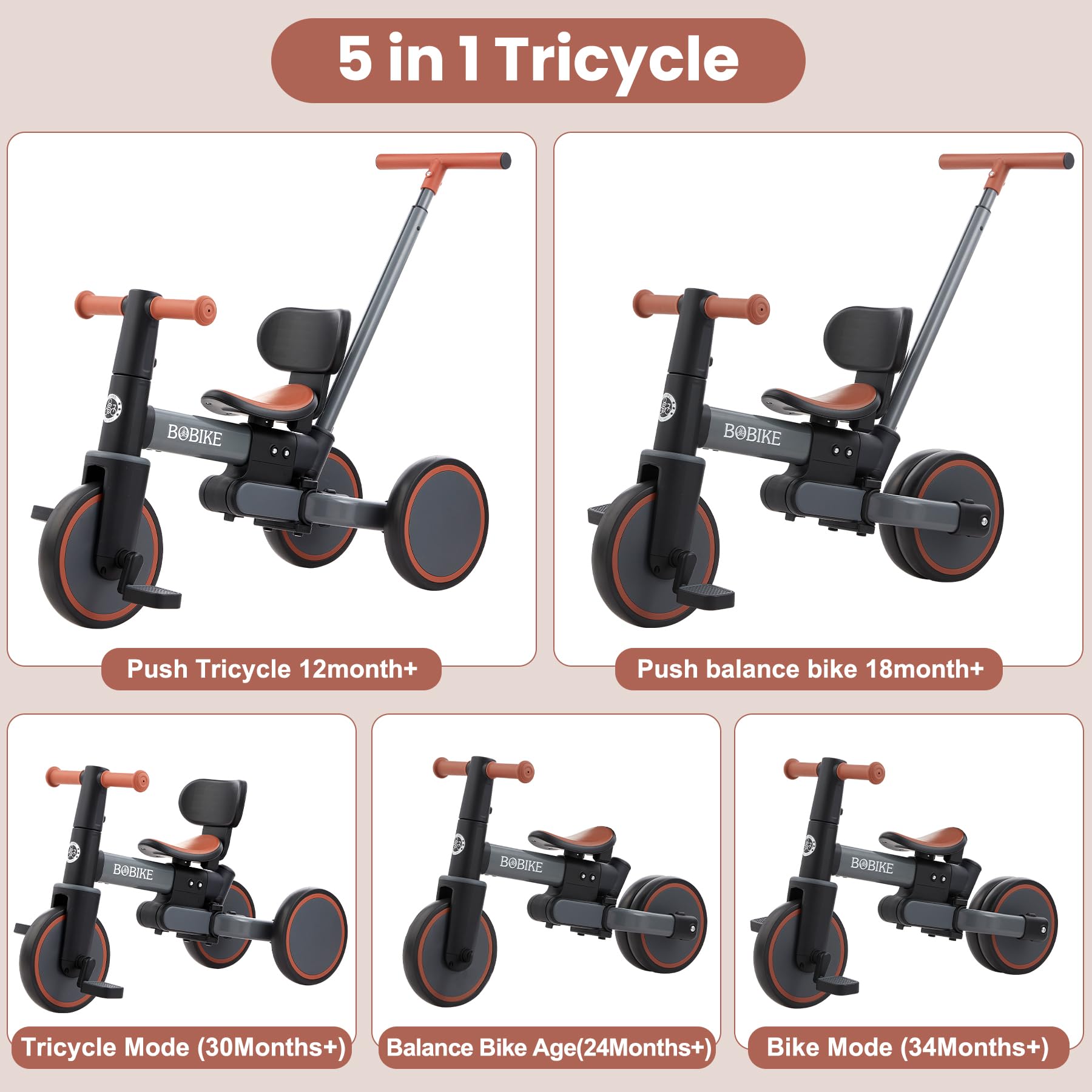 Bobike 5-in-1 Tricycle for Toddlers 18 Months to 5 Years Old, Toddler Bike, Kids Tricycle with Push Handle and Backrest, Toddler Balance Bike with Easy Assembly for Boys and Girls. (Grey)