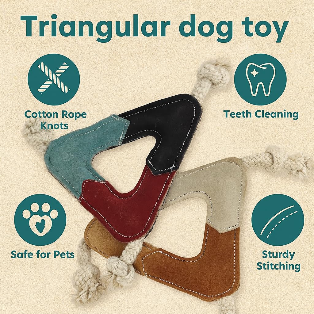 Juguete masticable de piel de ante natural con forma de triángulo para perros medianos a grandes, juguetes de cuero para perros (paquete de 2)