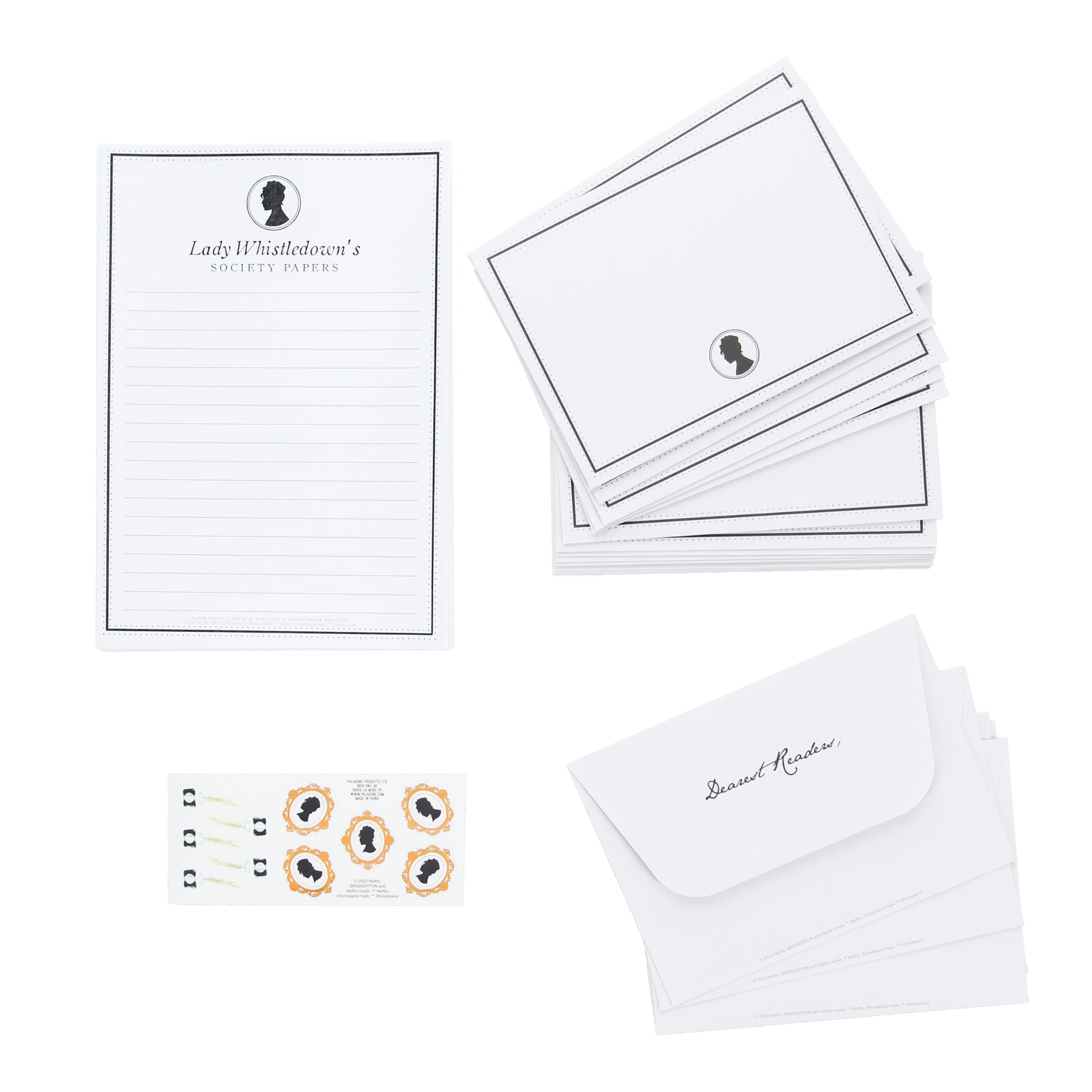Lady Whistledown Letter Writing Stationery Set - 20 Sheets of A5 Lady Whistledown Society Papers, 10 Envelopes, 10 Gold Foil Stickers - Officially Licensed Bridgerton Merchandise