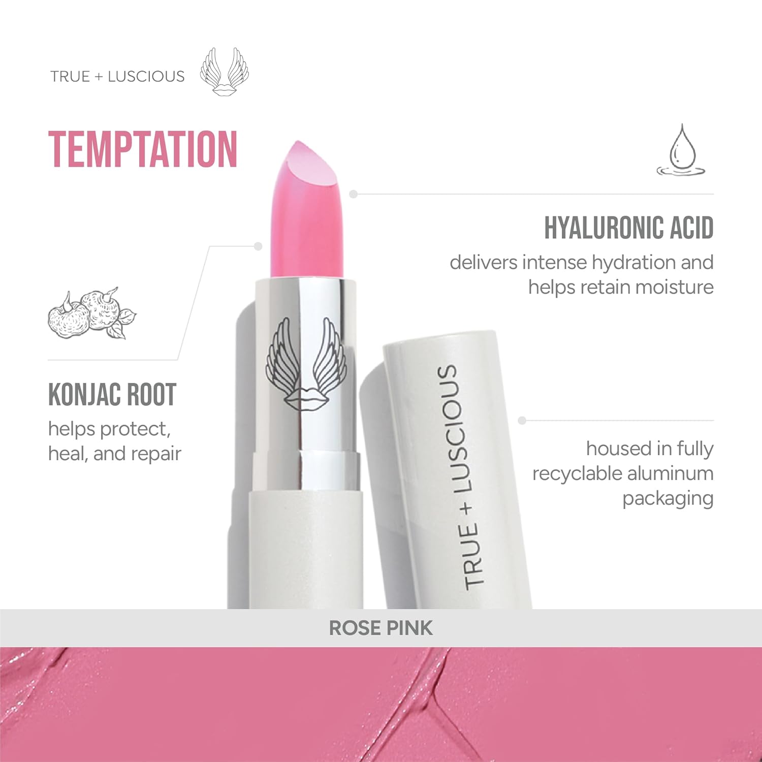 True + Luscious Super Moisture Lipstick | Satin Cream Lip Color for Lasting Hydration | Hyaluronic Acid Konjac Root Powder | Vegan Cruelty-Free Gluten-Free Flatters All Skin Tones | Temptation